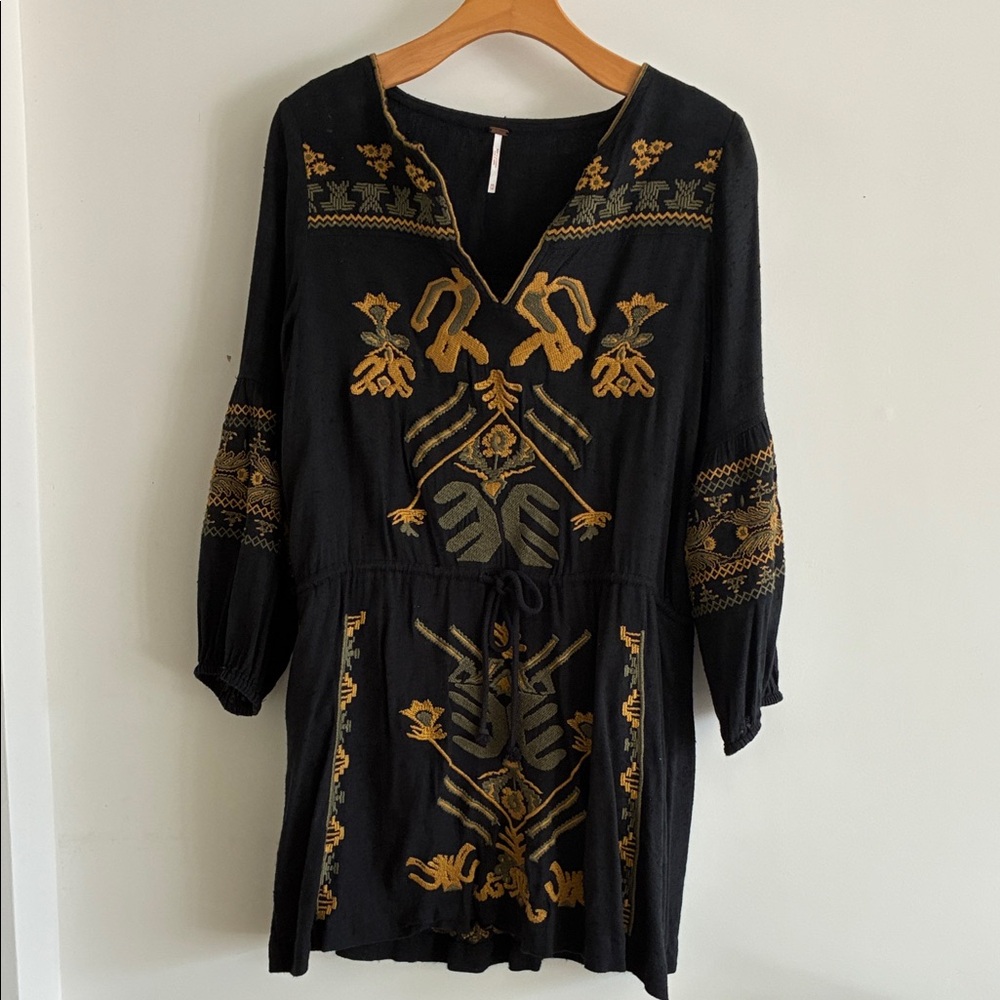 Free People Black Tunic Dress with Gold Embroidery
